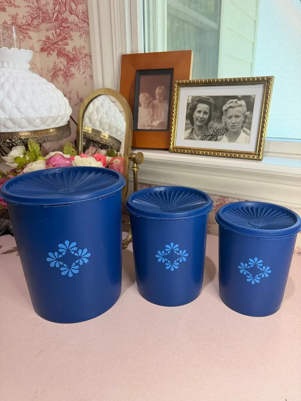 Vintage Tupperware Canister Set, Servalier, Set of 3 Dark Blue Sunburst Lids